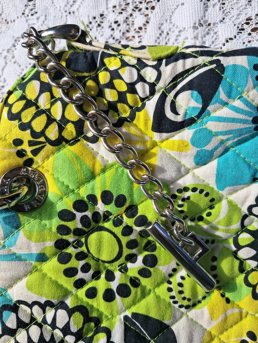 EUC Vera Bradley Green & Teal Leaf-Print Tote Detachable Chain Strap Purse - Picture 13 of 14